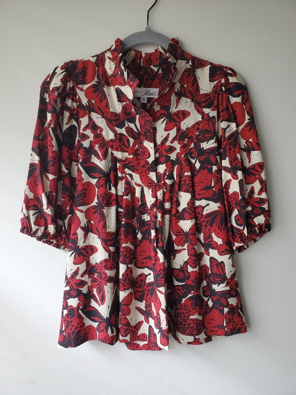 NEW Richard Ruiz 100% Silk Butterfly Print Boho Puff Sleeve Blouse S Made in US
